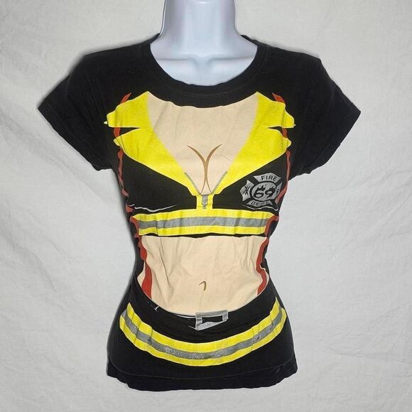 Y2k 2010 Spencer's halloween firefighter costume funny form fit tee - Picture 1 of 5